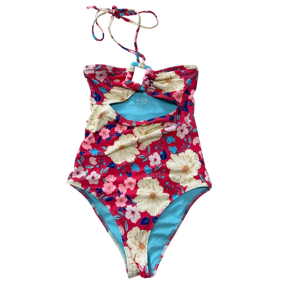 Aerie Real Good Floral Cutout One Piece Swimsuit Red Blue XS